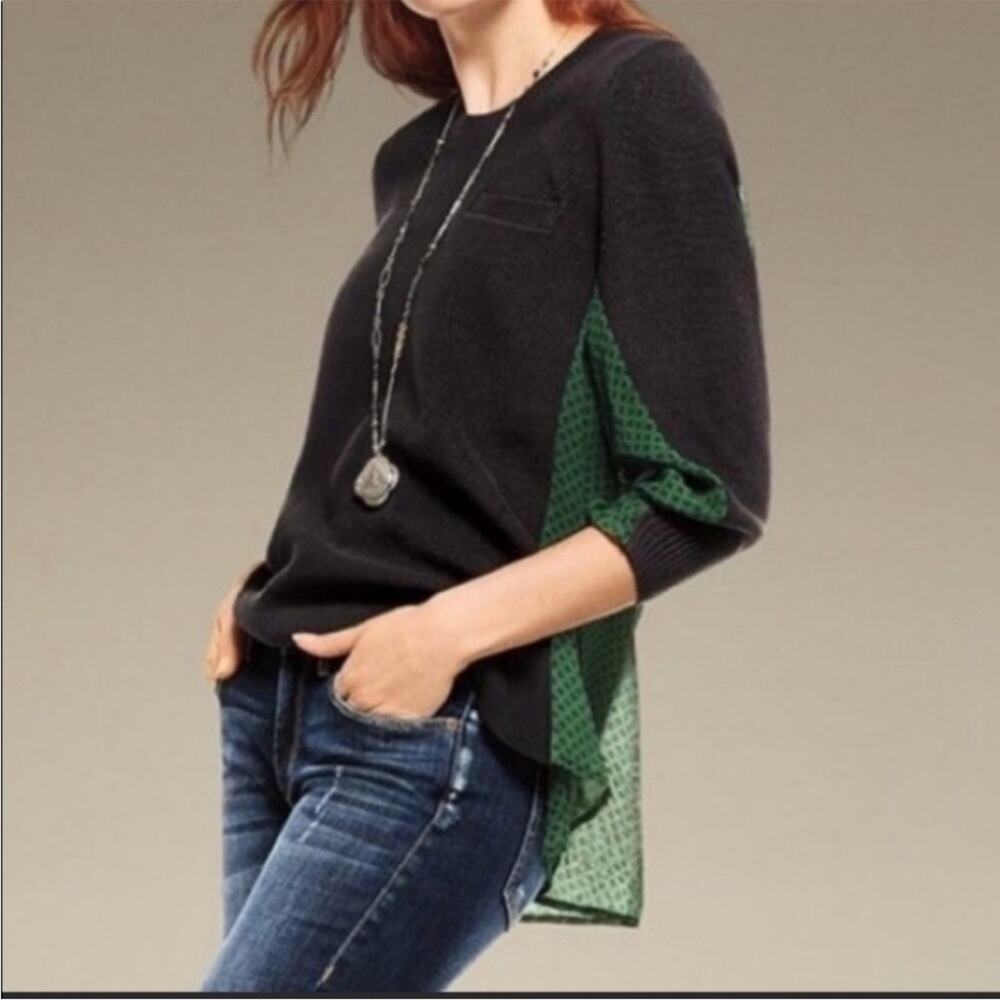 CAbi Black Green Cropped Sleeves Crewneck Relaxed Fit Blouse Sweater Size XS